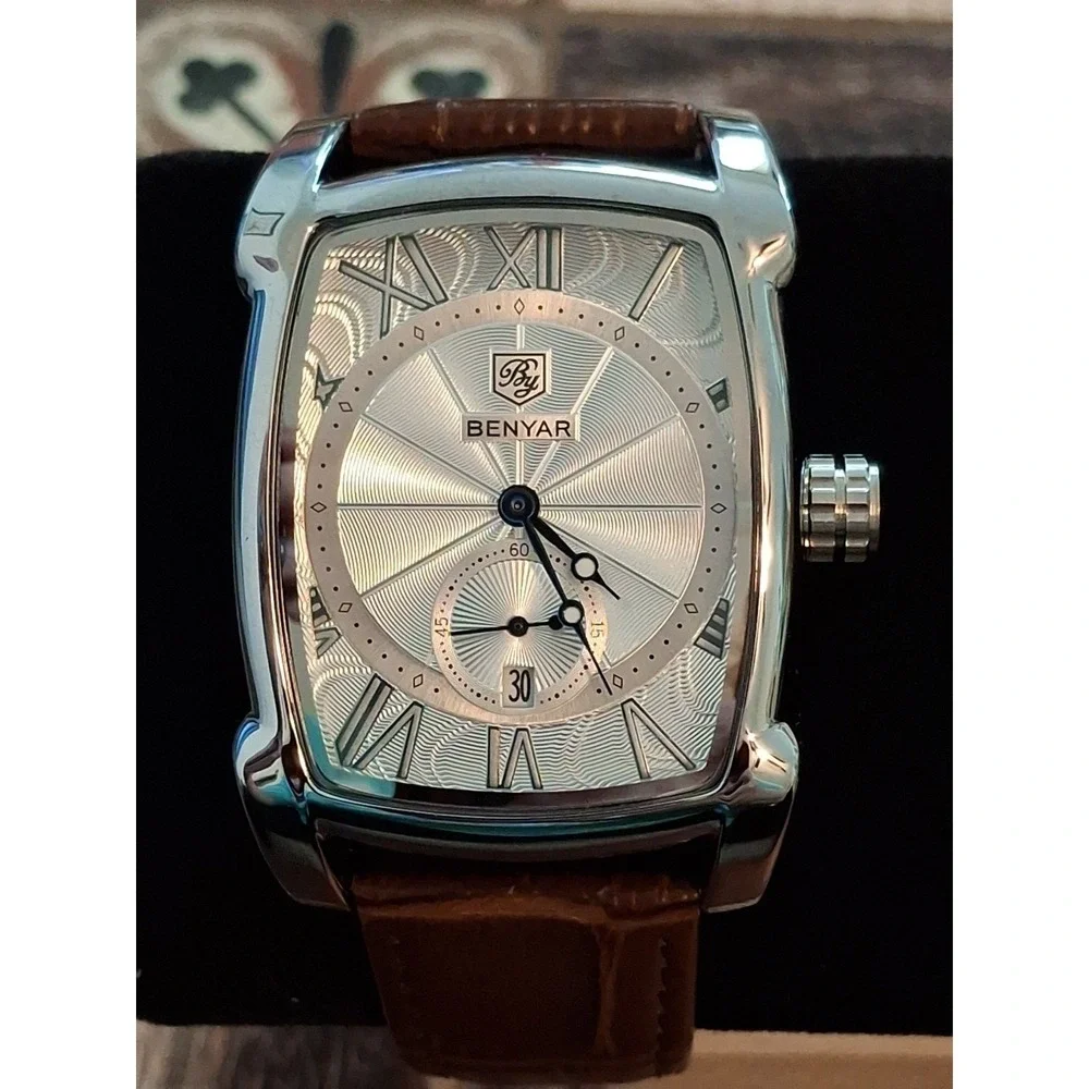 NIB BENYAR BY-5114M 41mm Mens Square Watch. Quartz Movement,Brown Leather Band.